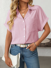 Pink striped button-down shirt with cuffed short sleeves and a chest pocket.