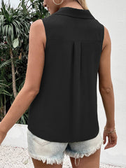 Black sleeveless collared button-down blouse with back pleat detail