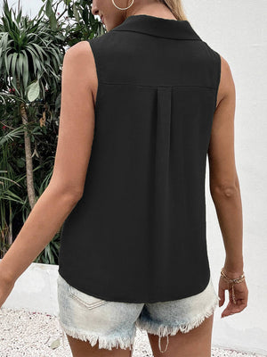 Black sleeveless collared button-down blouse with back pleat detail