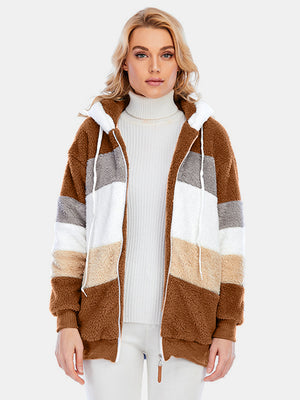 Teddy fleece zip-up hoodie with color block pattern in brown, tan, white, and grey.