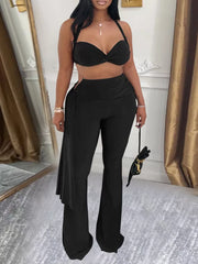 Halter Neck Top And Flare Pants Set in Black, side view