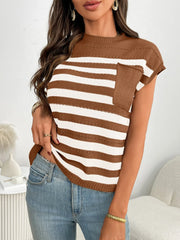 Striped knit pocket tee in caramel and white with short sleeves and a crew neck.