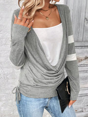 Light gray long sleeve tee with cowl neck and side drawstring detail.