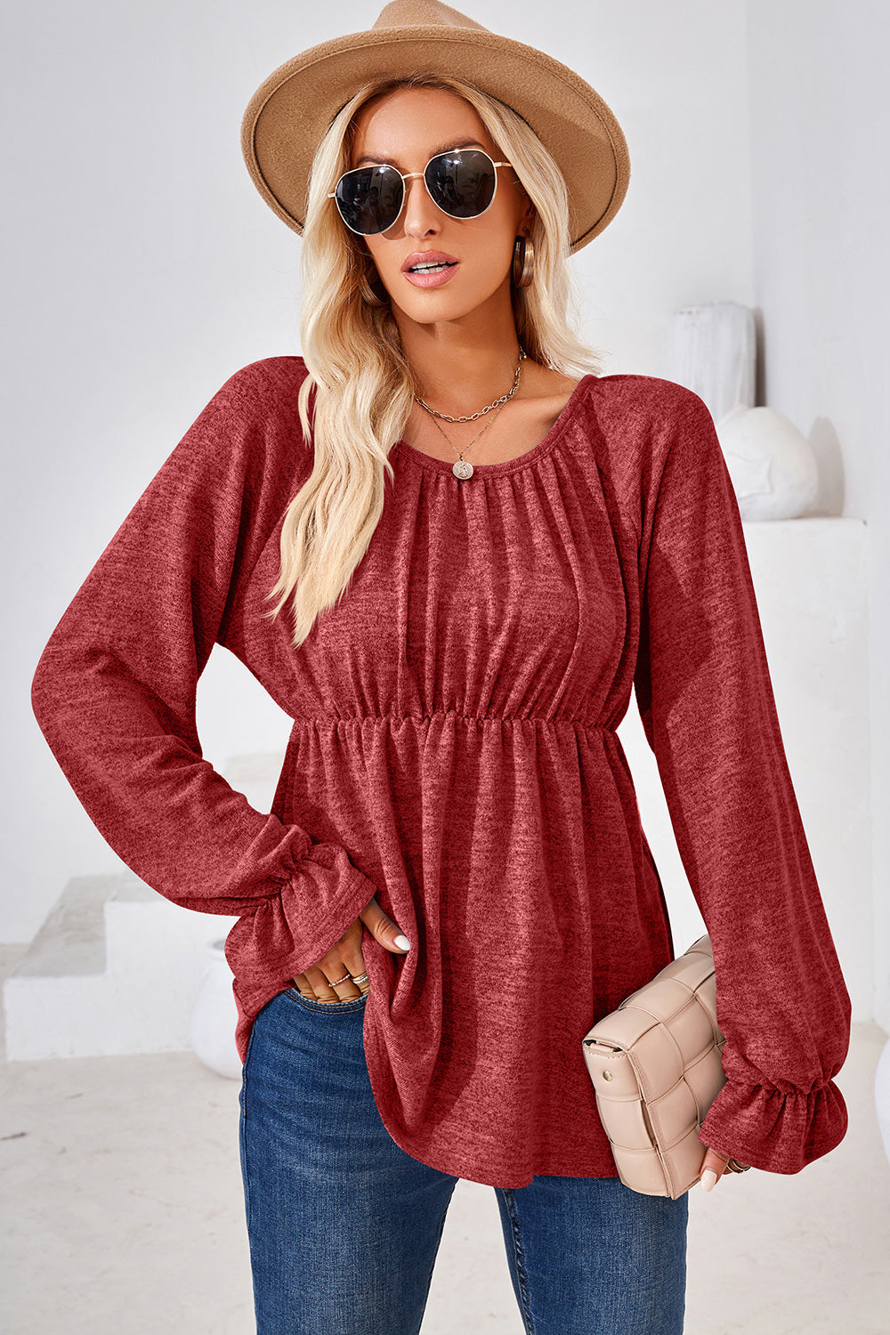 Burgundy peasant blouse with cinched waist and ruffled cuffs, long sleeves, scoop neck