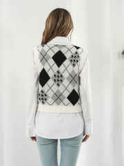 Argyle knit cropped sweater vest in white with black and grey diamond pattern.