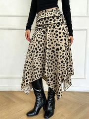 Leopard print midi skirt with asymmetrical hem and ruched detail.