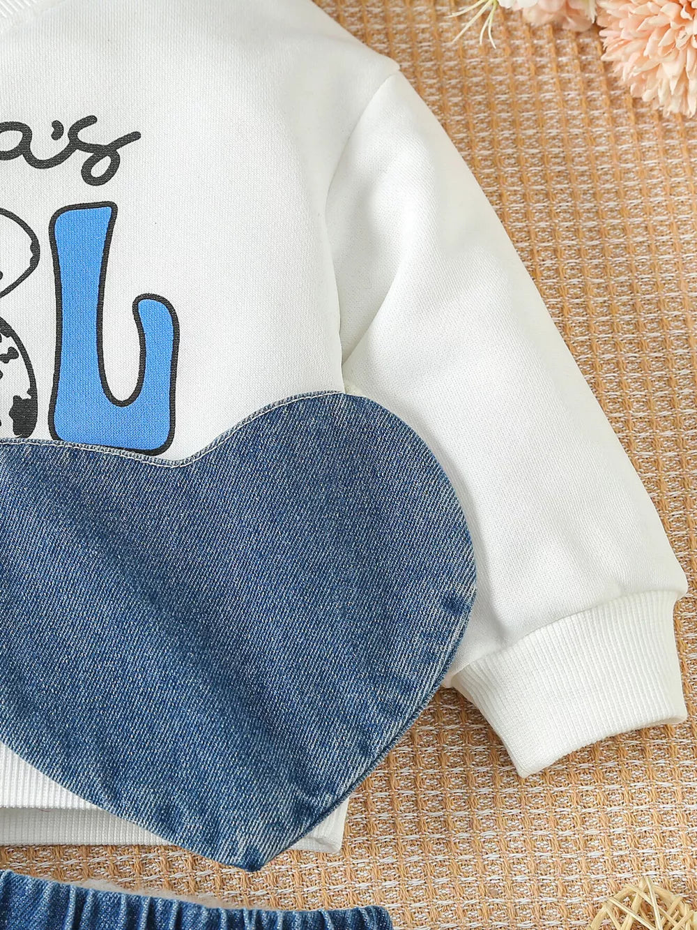 Children's Letter Long Sleeve Top And Denim Skirt Set in White, close-up detail