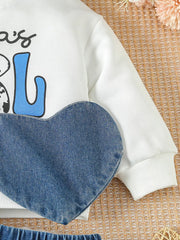 Children's Letter Long Sleeve Top And Denim Skirt Set in White, close-up detail