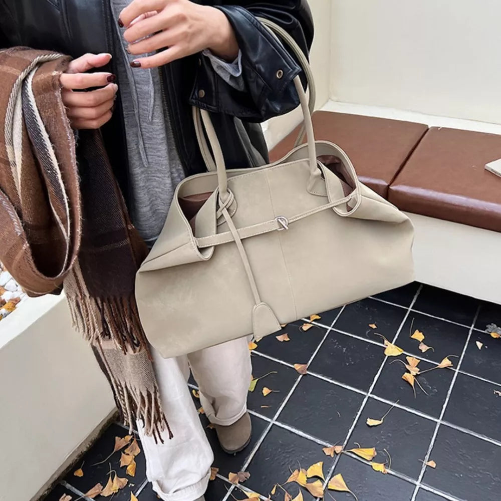 Khaki suede large tote handbag with decorative strap detail