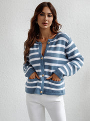 Blue and white striped knit cardigan with button front and pockets