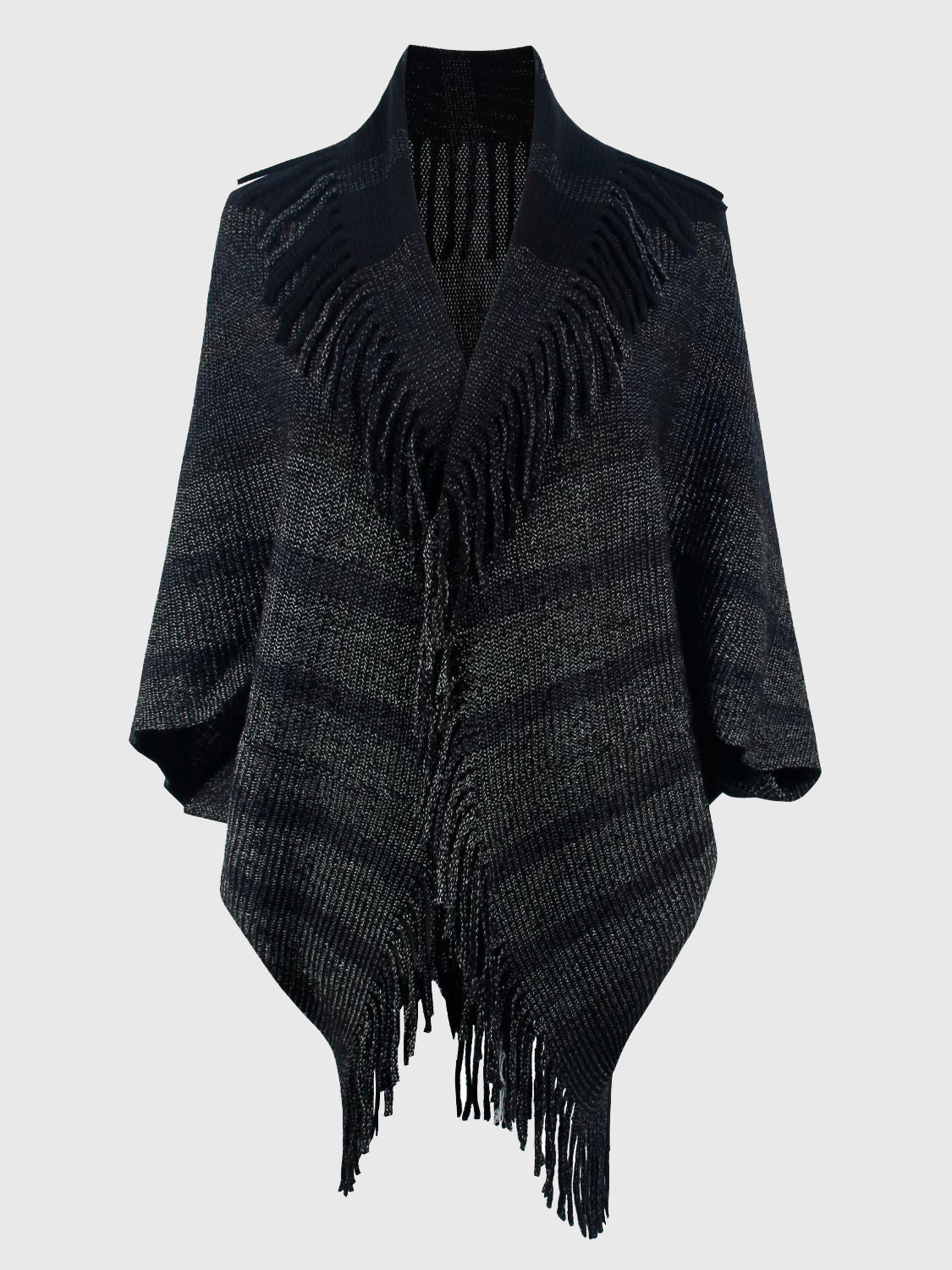 Textured fringe capelet in charcoal with a V-neck and open front.