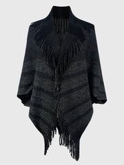 Textured fringe capelet in charcoal with a V-neck and open front.