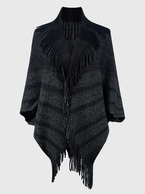 Textured fringe capelet in charcoal with a V-neck and open front.