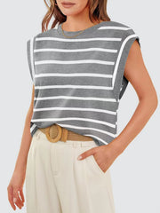 Padded shoulder tank top with breton stripes in gray and white.