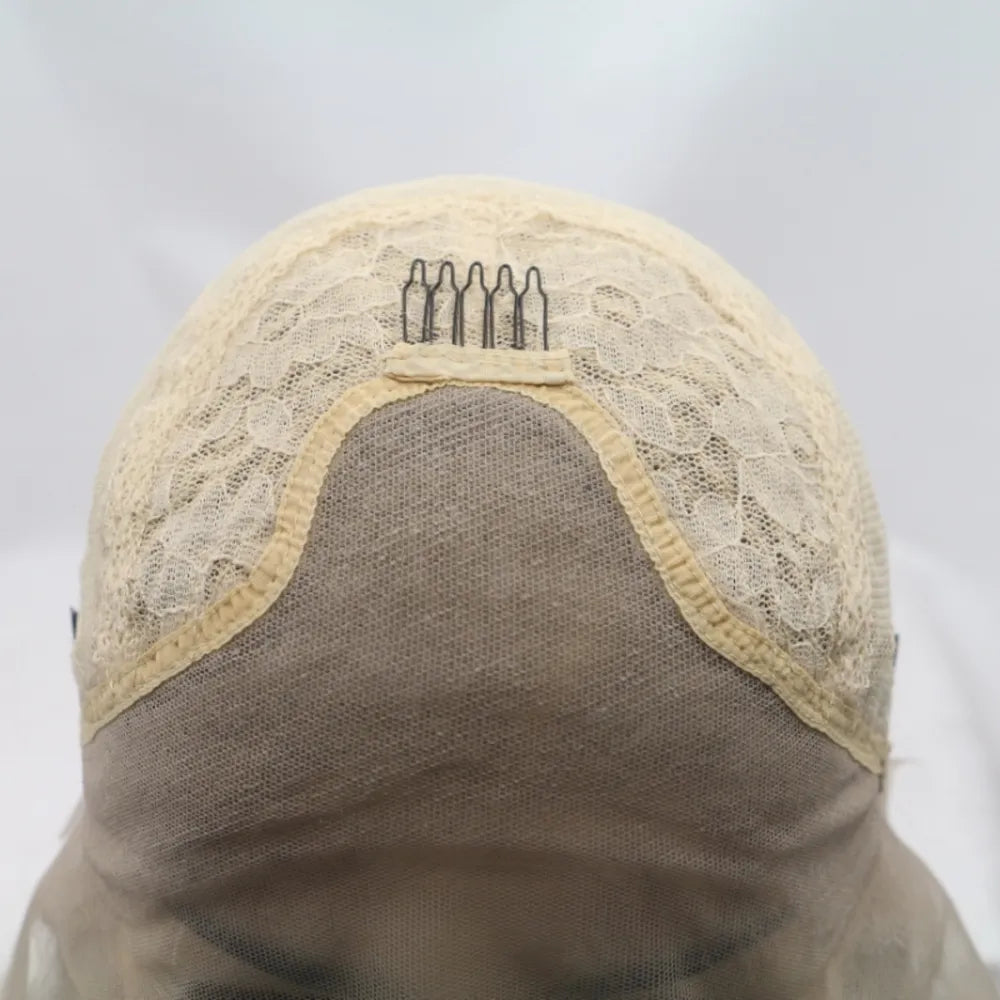Lace front wig cap with combs and lace detail.