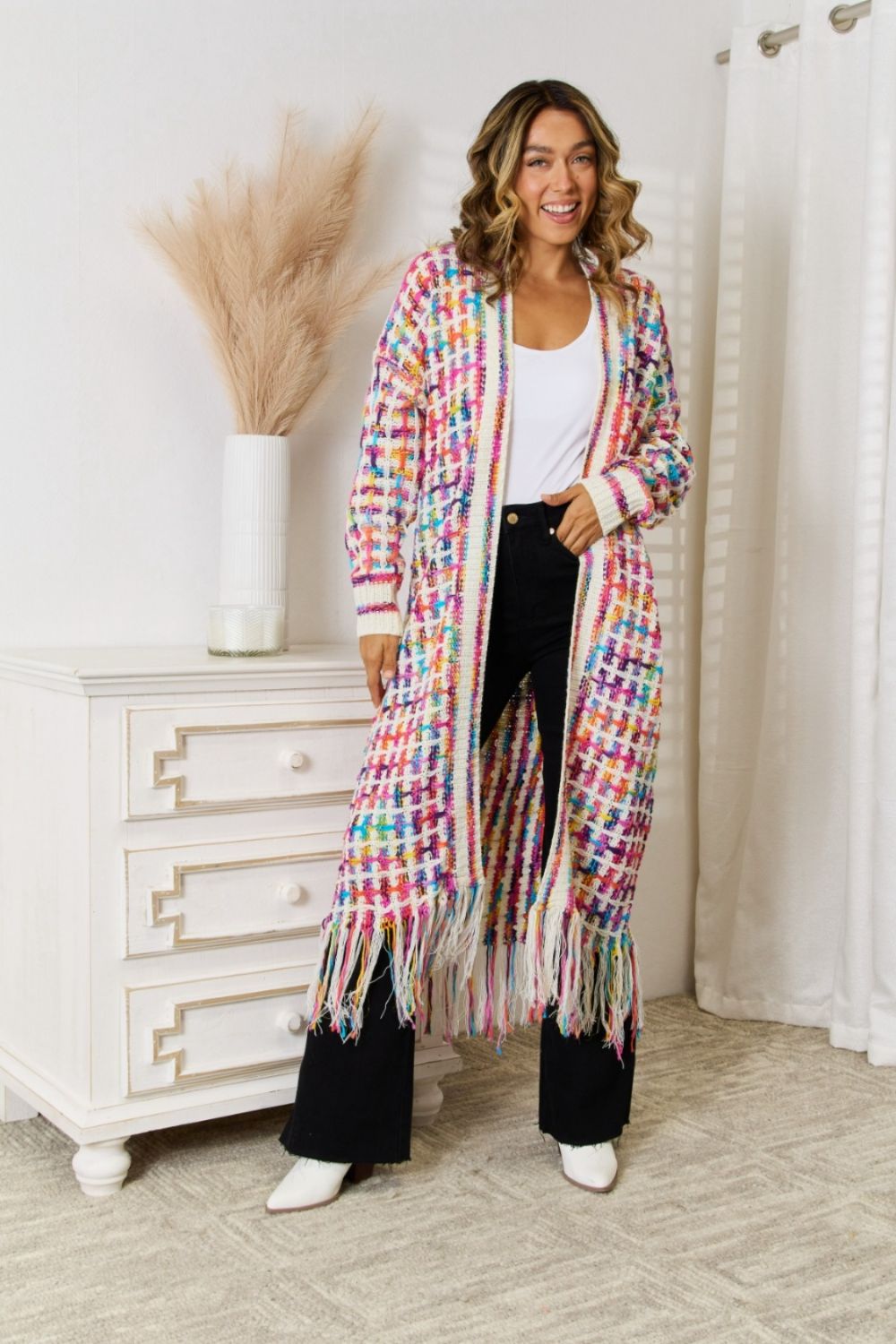 Chromatic crochet maxi cardigan with fringe detail in Multi color, acrylic.