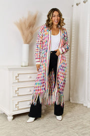 Chromatic crochet maxi cardigan with fringe detail in Multi color, acrylic.