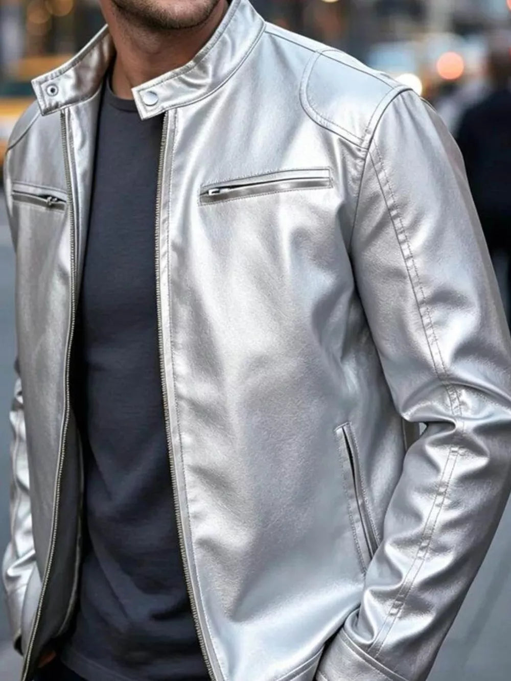 Men's Full Size Faux Leather Bomber Jacket, alternate angle