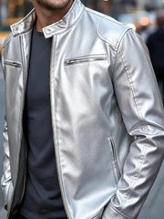 Men's Full Size Faux Leather Bomber Jacket, alternate angle