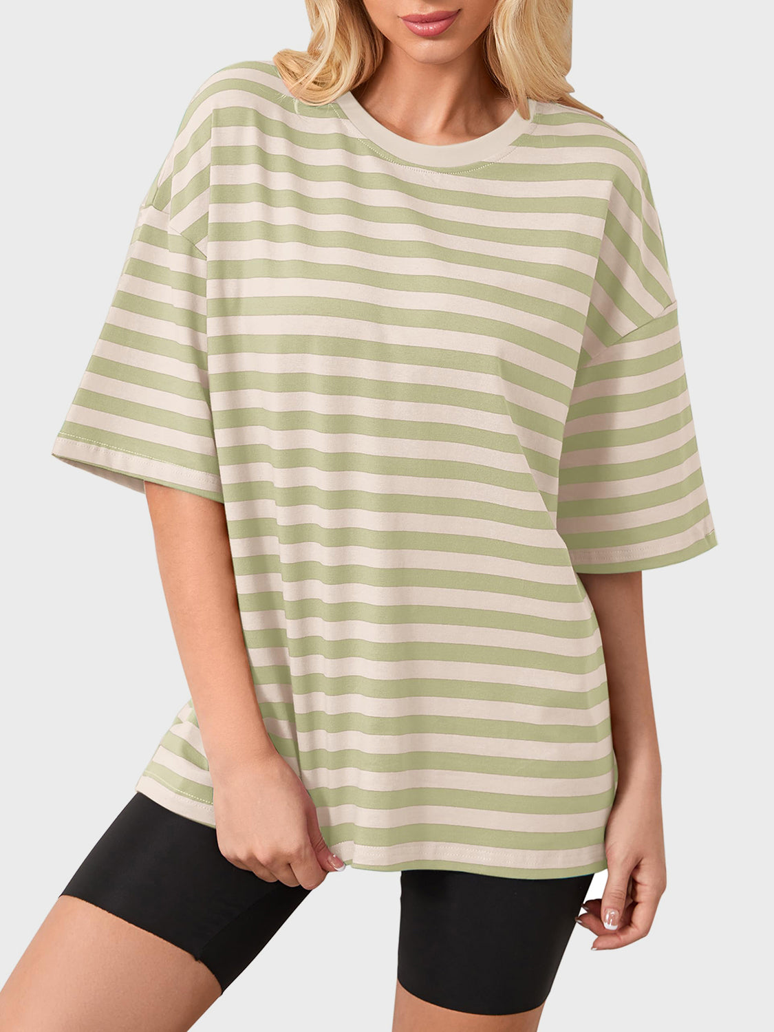 Oversized striped tee in Sage and cream with dropped sleeves and crew neck.