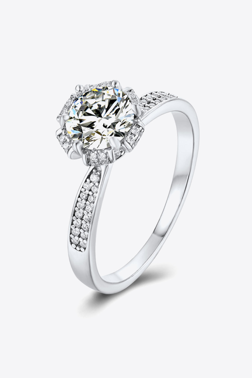 Silver moissanite halo ring with pave band