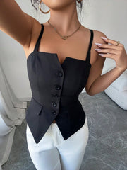 Black V-cut cami top with button front and structured lapel details.