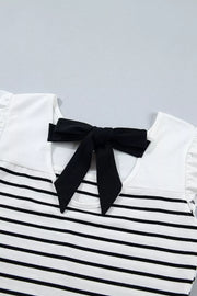 Striped cotton tank top with ruffled sleeves and a black knot back detail.