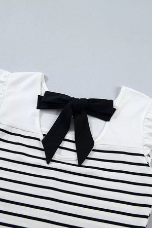 Striped cotton tank top with ruffled sleeves and a black knot back detail.