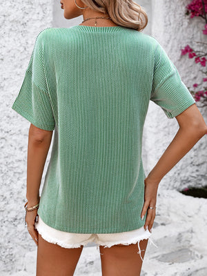 Mid green ribbed V-neck t-shirt with vertical stripes and short sleeves.