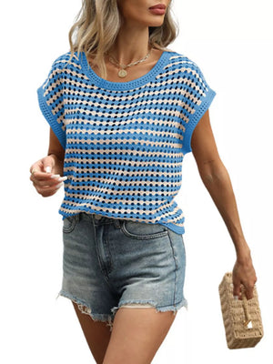 Blue striped crochet knit top with short sleeves and a round neckline.