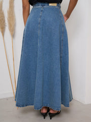 High-waisted A-line denim skirt in Dusty Blue, with a full, flowing cut.