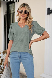 Sage perforated puff sleeve v-neck blouse with eyelet detail