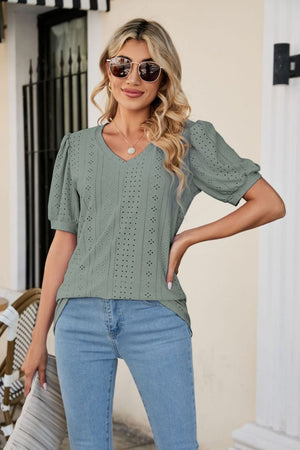 Sage perforated puff sleeve v-neck blouse with eyelet detail