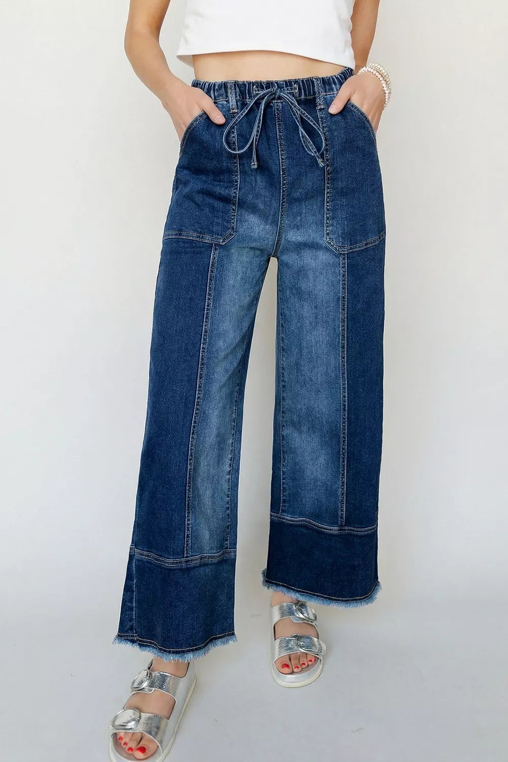 Drawstring Raw Hem Wide Leg Denim Pants, front view