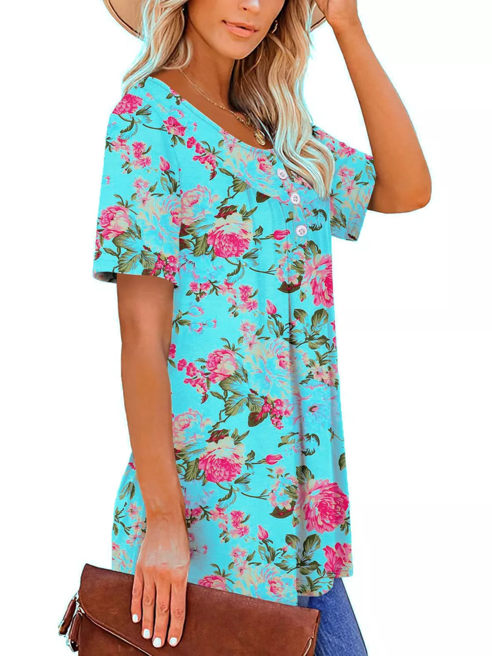 Lake blue floral ruched v-neck t-shirt with short sleeves and button detail.