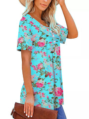 Lake blue floral ruched v-neck t-shirt with short sleeves and button detail.
