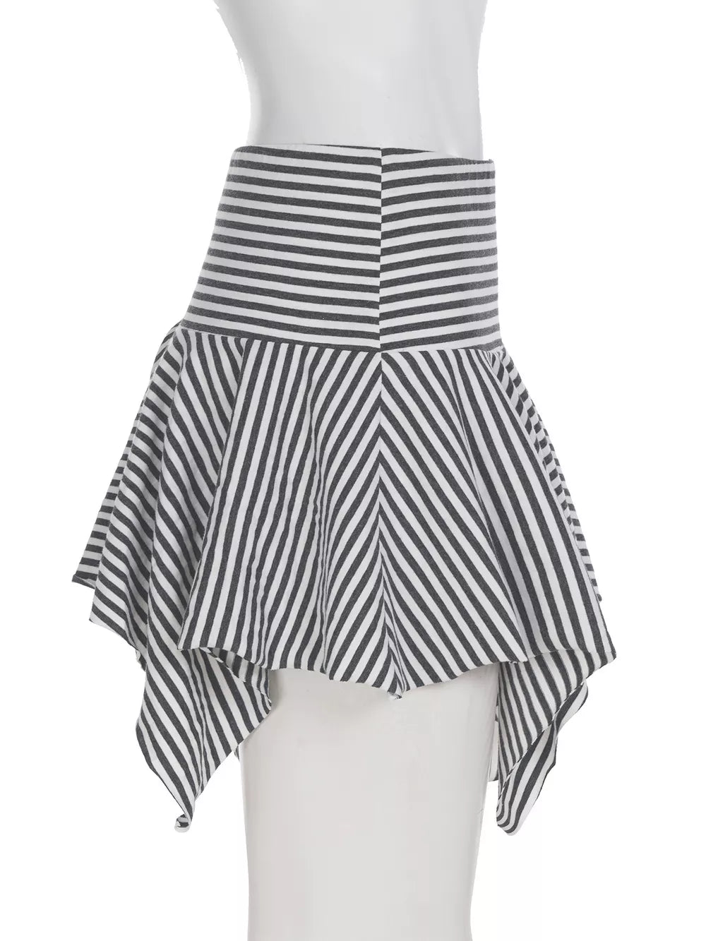 Asymmetrical hem mini skirt with black and white stripes and a flared silhouette.