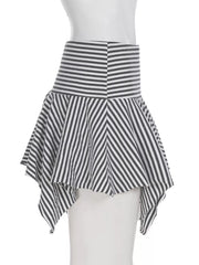 Asymmetrical hem mini skirt with black and white stripes and a flared silhouette.