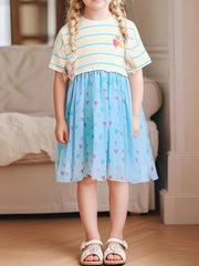 Toddler blue tulle dress with colorful heart print and striped top.