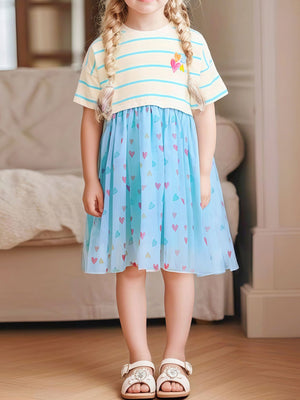 Toddler blue tulle dress with colorful heart print and striped top.