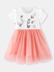 White baby dress with embroidered butterflies and pink tulle skirt