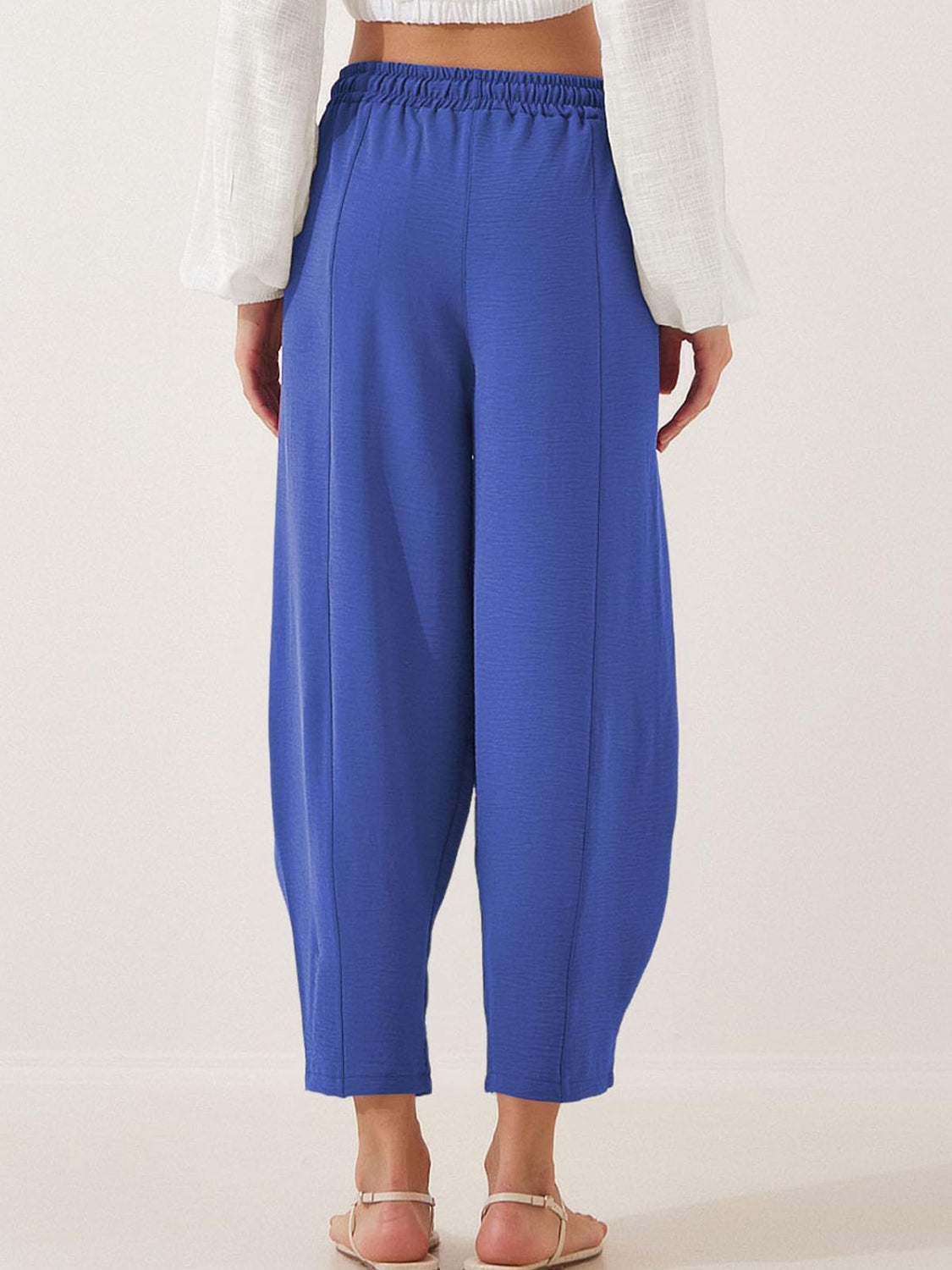 Royal blue balloon-leg drawstring trousers with seam detail