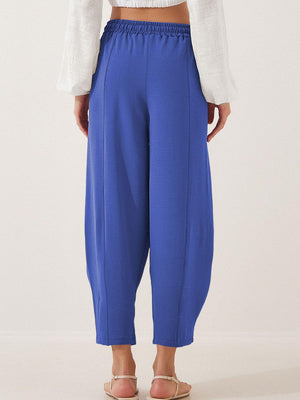 Royal blue balloon-leg drawstring trousers with seam detail