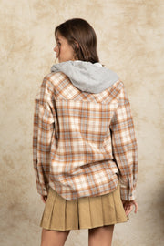 Camel plaid shacket with gray sherpa hood and buttoned cuffs.