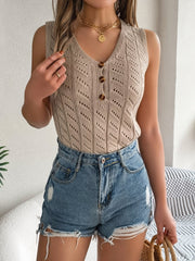 Tan openwork button-down knit tank top with a V-neck and short sleeves.