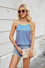 Blue and pink striped tank top with contrast trim neckline and straps
