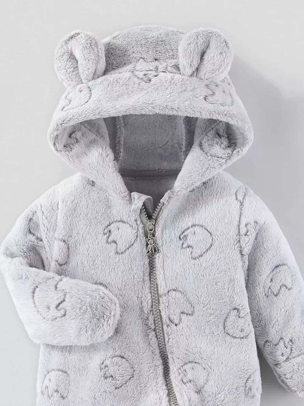 Gray plush hooded one-piece with bear ears and elephant pattern, full zip closure.