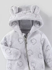 Gray plush hooded one-piece with bear ears and elephant pattern, full zip closure.