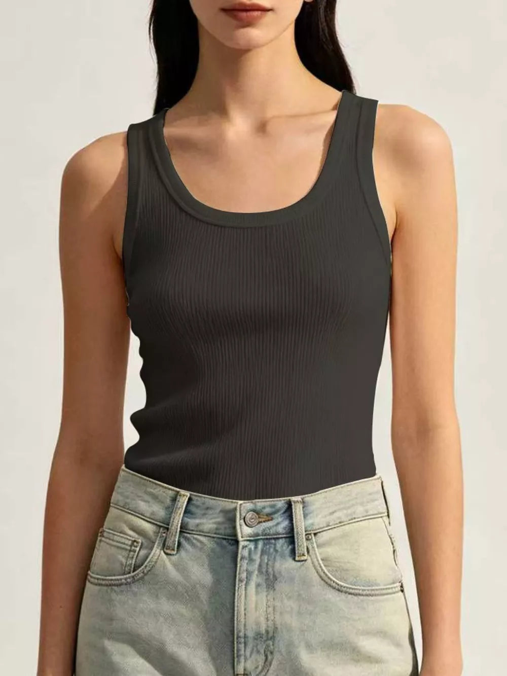 Ribbed Knit U-neck Tank in White, back view