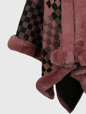 Burnt coral diamond checkered faux fur trim poncho with plush trim details.